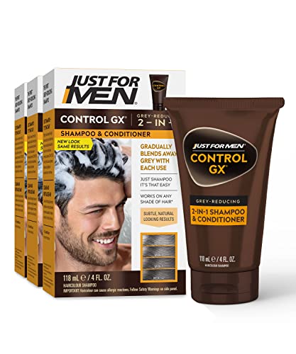 Just For Men Control GX Grey Reducing 2-in-1 Shampoo and Conditioner, Gradual Hair Color for Stronger and Healthier Hair, 4 Fl Oz - Pack of 3 (Packaging May Vary)