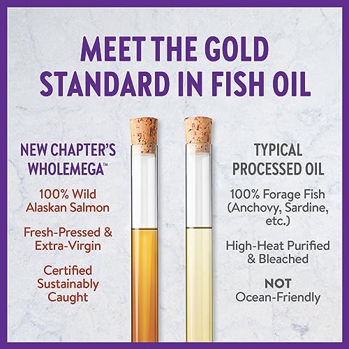 New Chapter Wholemega Fish Oil Supplement - Wild Alaskan Salmon Oil with Omega-3 + Vitamin D3 + Astaxanthin + Sustainably Caught - 120 ct, 1000mg Softgels