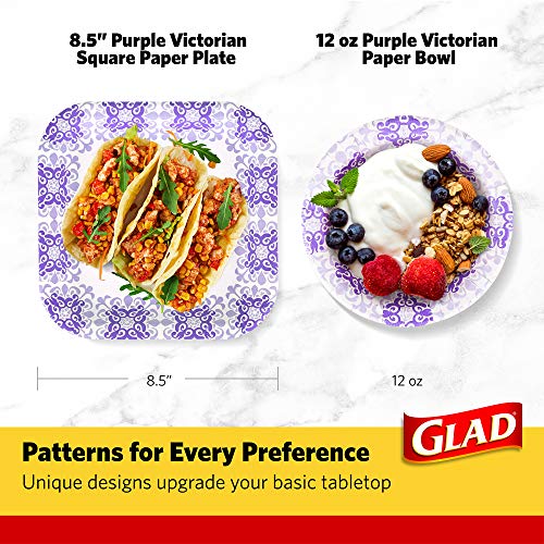 Glad Square Disposable Paper Plates for All Occasions | Soak Proof, Cut Proof, Microwaveable Heavy Duty Disposable Plates | 8.5 Diameter, 50 Count Bulk Paper Plates,Purple