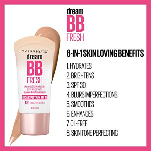 Maybelline New York Dream Fresh Skin Hydrating BB cream, 8-in-1 Skin Perfecting Beauty Balm with Broad Spectrum SPF 30, Sheer Tint Coverage, Oil-Free, Light, 1 Fl Oz