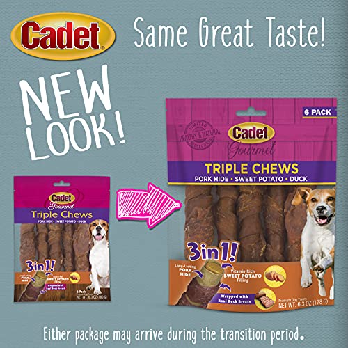 Cadet Gourmet Triple Chews Pork Hide, Sweet Potato, & Duck Dog Treats - Healthy Dog Treats for Small & Large Dogs - Inspected & Tested in USA (6 Count)