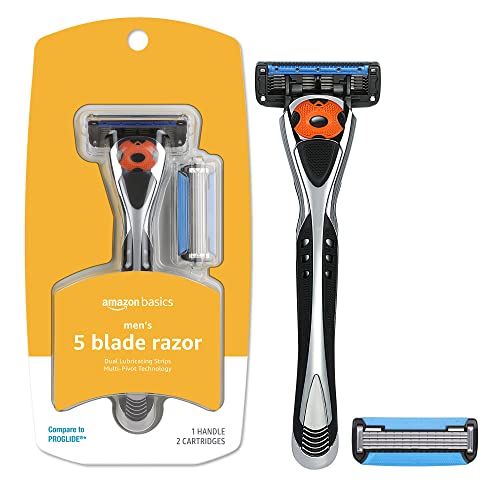 Amazon Basics 5-Blade Motion Sphere Razor for Men with Dual Lubrication and Precision Beard Trimmer, Handle & 2 Cartridges (Fits Amazon Basics Razor Handles only), Black (Previously Solimo)