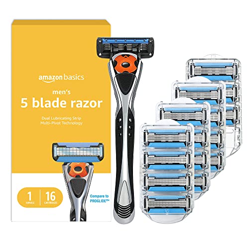 Amazon Basics 5-Blade Motion Sphere Razor for Men with Dual Lubrication and Precision Beard Trimmer, Handle & 2 Cartridges (Fits Amazon Basics Razor Handles only), Black (Previously Solimo)