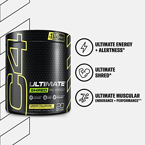 Cellucor C4 Ultimate Shred Pre Workout Powder, Fat Burner for Men & Women, Metabolism Supplement with Ginger Root Extract, Lemon Italian Ice, 20 Servings