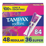 Tampax Pocket Radiant Compact Tampons Multi Pack, Regular/Super Absorbency with BPA-Free Plastic Applicator and LeakGuard Braid, Unscented, 28 Count x 3 Packs (84 count total)