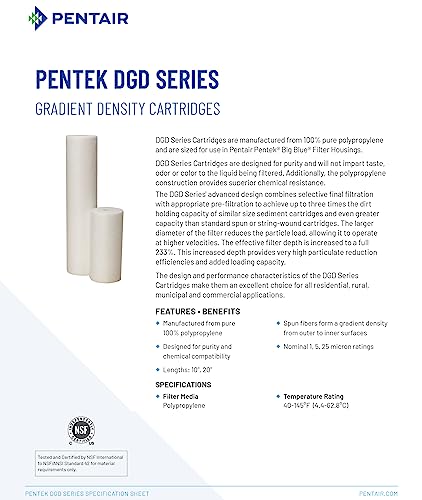 Pentair Pentek DGD-5005-20 Big Blue Water Filter, 20-Inch Whole House Sediment Filter Cartridge Replacement, Dual-Gradient Density Spun Polypropylene, 20 x 4.5, 5 Micron, Pack of 1, White