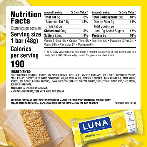 LUNA Bar - Variety Pack - Gluten-Free - Non-GMO - 7-9g Protein - Made with Organic Oats - Low Glycemic - Whole Nutrition Snack Bars - Amazon Exclusive - 1.69 oz. (12 Count)