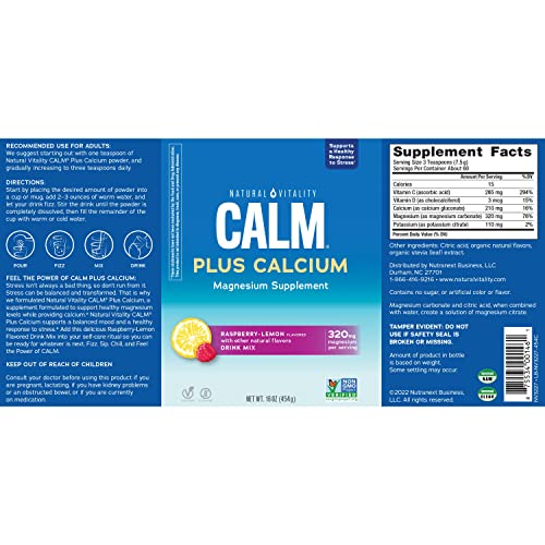 Natural Vitality Calm, Magnesium Citrate & Calcium Supplement, Drink Mix Powder Supports a Healthy Response to Stress, Gluten Free, Vegan, & Non-GMO, Raspberry Lemon, 16 Oz