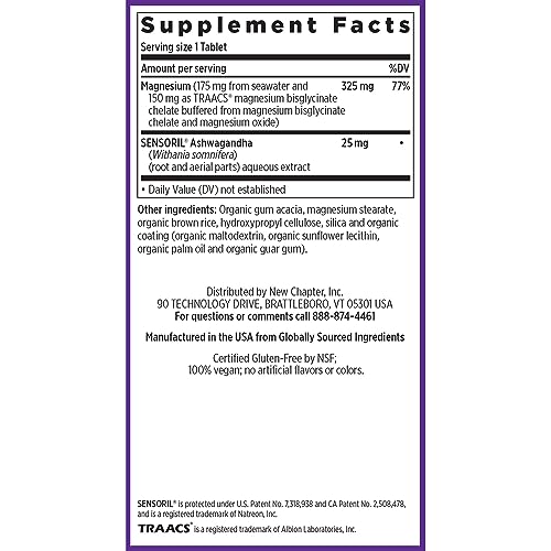 New Chapter Magnesium + Ashwagandha Supplement, Magnesium glycinate, 2.5X Absorption, Muscle Recovery, Heart & Bone Health, Calm & Relaxation, Gluten Free, Non-GMO - 90 ct