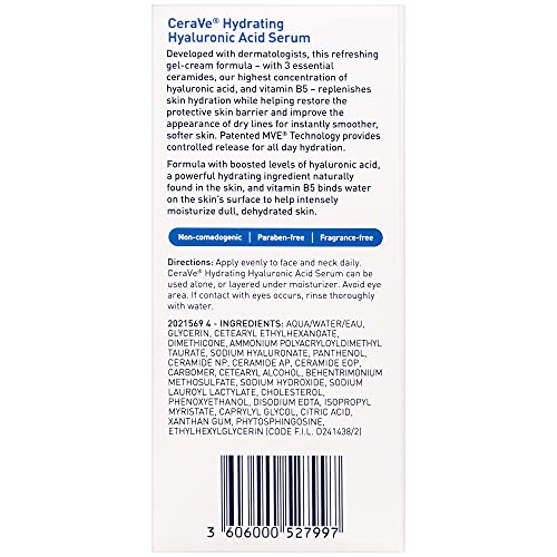 Cerave Hyaluronic Acid Serum for Face with Vitamin B5 and Ceramides | Hydrating Face Serum for Dry Skin | Fragrance Free | 1 Ounce