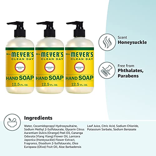 MRS. MEYER'S CLEAN DAY Clean Day Liquid Hand Soap, Cruelty Free and Biodegradable Formula, Honeysuckle Scent, 12.5 oz- Pack of 3