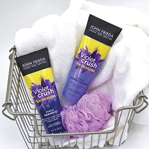 John Frieda Violet Crush Purple Shampoo and Conditioner Set for Blonde Hair, Blonde Toner Neutralizes Yellow Tones for Bleached, Blonde, and Platinum Hair., Enhance Blonde Tones, 8.3 oz (2 Pk Set)