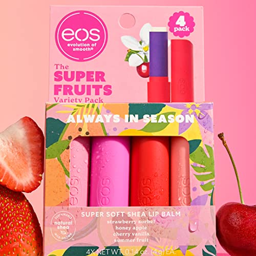 eos Super Soft Shea Lip Balm Sticks, Super Fruits Variety Pack, Strawberry Sorbet, Honey Apple, Cherry Vanilla, Summer Fruit, 4 Pack