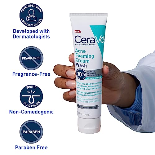 CeraVe Acne Foaming Cream Wash | Face and Body Acne Wash with Benzoyl Peroxide 10% Maximum Strength | Fragrance Free | 5 Oz