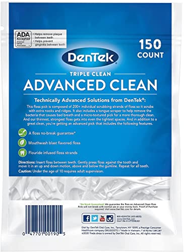 DenTek Triple Clean Advanced Clean Floss Picks, No Break & No Shred Floss, 150 Count, Pack of 3