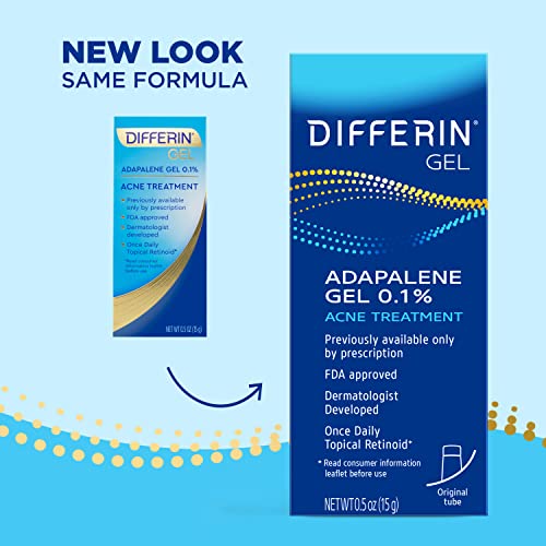 Differin Acne Treatment Gel, 30 Day Supply, Retinoid Treatment for Face with 0.1% Adapalene, Gentle Skin Care for Acne Prone Sensitive Skin, 15g Tube (Packaging May Vary)