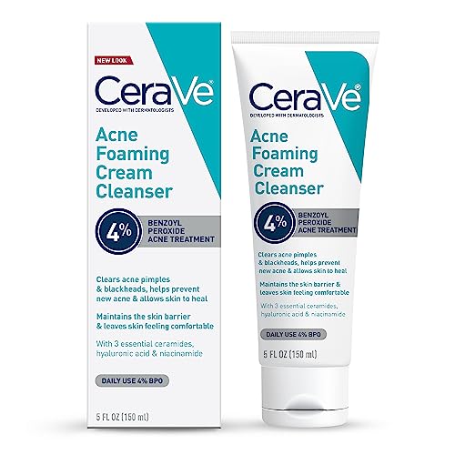 CeraVe Acne Foaming Cream Cleanser | Acne Treatment Face Wash with 4% Benzoyl Peroxide, Hyaluronic Acid, and Niacinamide | Cream to Foam Formula | Fragrance Free & Non Comedogenic | 5 Oz