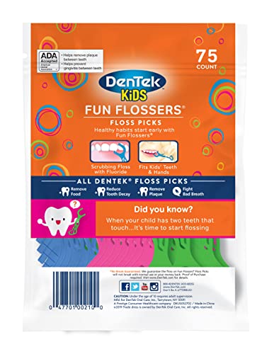 DenTek Kids Fun Flossers, Removes Food & Plaque, Wild Fruit Flavored Floss Picks, 75 Count, 6 Pack