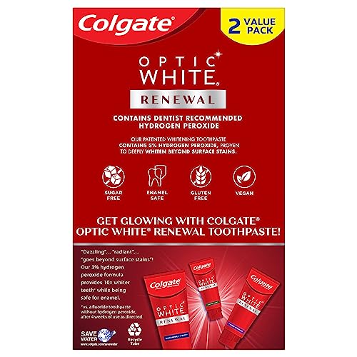 Colgate Optic White Renewal Teeth Whitening Toothpaste, Enamel Strength, 3 Oz Tube, 2 Pack