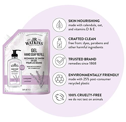 J.R. Watkins Gel Hand Soap Refill, Moisturizing Hand Wash, All Natural, Alcohol-Free, Cruelty-Free, USA Made, Lavender, 34 Fl Oz (Pack of 3)