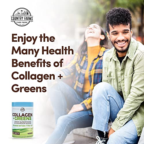 Country Farms Collagen Peptides Powder with Greens Dietary Powder Supplement (Type I, III) for Skin Hair Nail and Joints, Dairy/Gluten/Sugar Free, Energizing Superfoods, Natural, 10.6 Oz 30 Servings