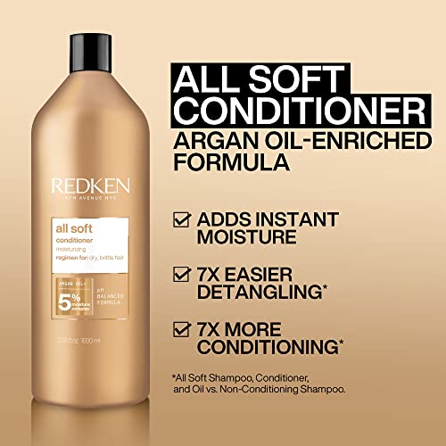 REDKEN Conditioner for Dry, Brittle Hair, Moisturizes and Provides Intense Softness and Shine, With Argan Oil, All Soft, 1000 ml