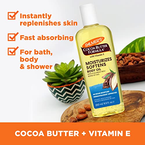 Palmers Cocoa Butter Moisturizing Body Oil with Vitamin E, Radiant Looking Glow and Skin Hydration, Instant Absorption, Bath, Body and Shower, 8.5 Ounces