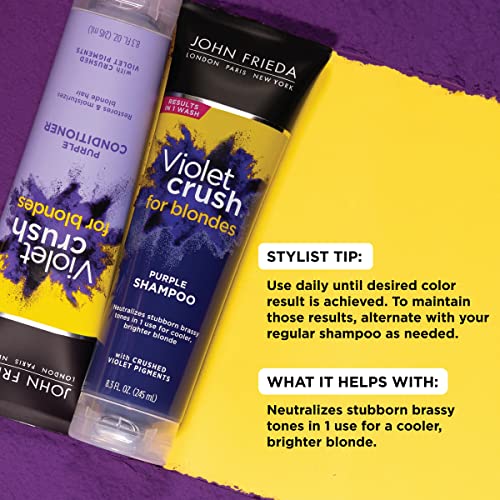 John Frieda Violet Crush Purple Shampoo and Conditioner Set for Blonde Hair, Blonde Toner Neutralizes Yellow Tones for Bleached, Blonde, and Platinum Hair., Enhance Blonde Tones, 8.3 oz (2 Pk Set)