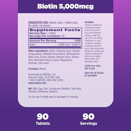 Natrol Beauty Biotin 10000mcg, Dietary Supplement for Healthy Hair, Skin, Nails and Energy Metabolism, 60 Strawberry-Flavored Fast Dissolve Tablets, 60 Day Supply