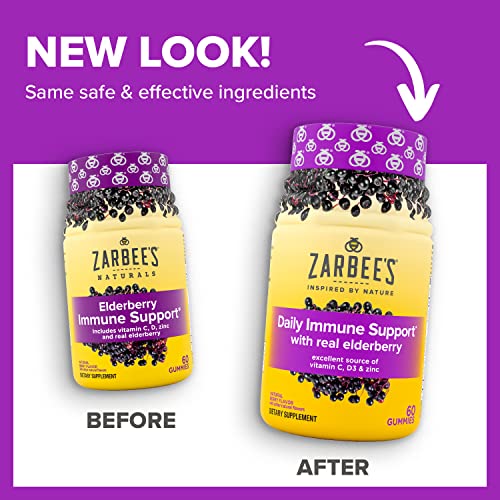 Zarbee's Immune Support Gummies for The Whole Family, Elderberry, Vitamins C, D & Zinc, Natural Berry, 90 Count