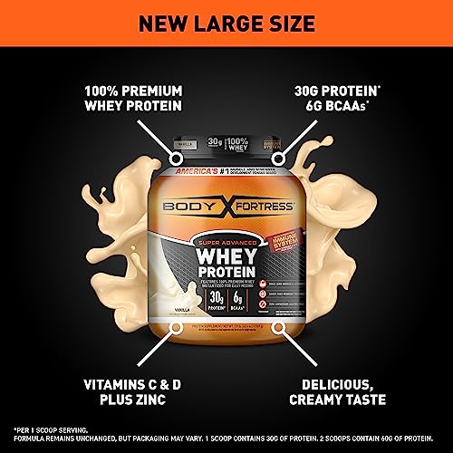 Body Fortress Super Advanced Whey Protein Powder, Vanilla, Immune Support (1), Vitamins C & D Plus Zinc, 3.9 lbs.