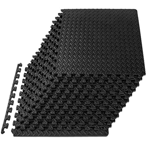 ProsourceFit Exercise Puzzle Mat ½ inch, 24 SQ FT, 6 Tiles, EVA Foam Interlocking Tiles Protective and Cushion Flooring for Gym Equipment, Exercise and Play Area, Black