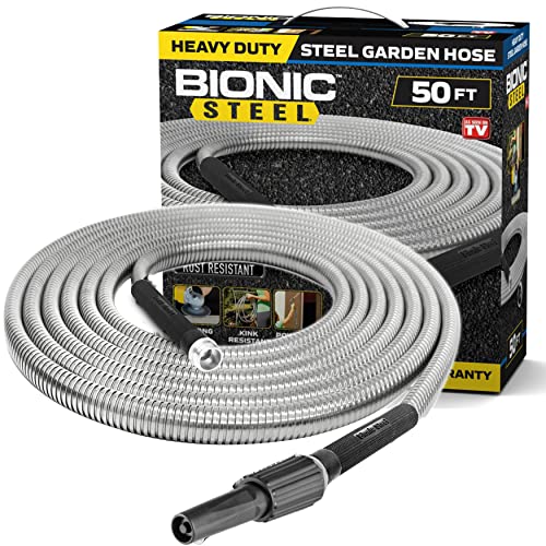 Bionic Steel 50 Foot Garden Hose 304 Stainless Steel Metal Water Hose – Super Tough & Flexible, Lightweight, Crush Resistant Aluminum Fittings, Kink & Tangle Free, Rust Proof, Easy to Use & Store