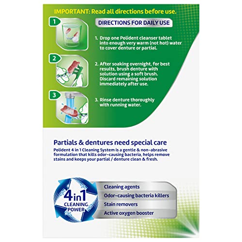 Polident Overnight Whitening Antibacterial Denture Cleanser Effervescent Tablets, 120 count