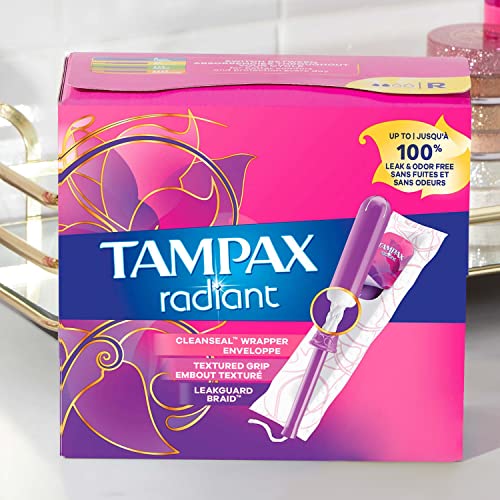 Tampax Radiant Tampons, Regular Absorbency, with Leakguard Braid, Unscented, 84 Count