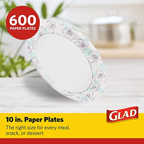 Glad Round Disposable Paper Plates 10 in, Blue Flower|Soak Proof, Cut Proof, Microwave Safe Heavy Duty Paper Plates For Parties|50 Count Bulk Paper Plates 10 Inch