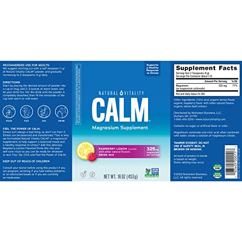 Natural Vitality Calm, Magnesium Citrate Supplement, Anti-Stress Drink Mix Powder - Gluten Free, Vegan, & Non-GMO, Raspberry Lemon, 16 oz