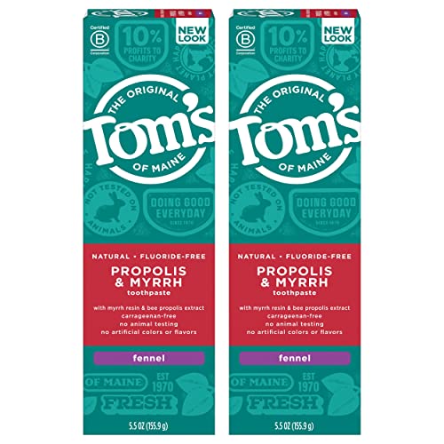 Toms of Maine Fluoride-Free Propolis & Myrrh Natural Toothpaste, Fennel, 5.5 oz. 2-Pack