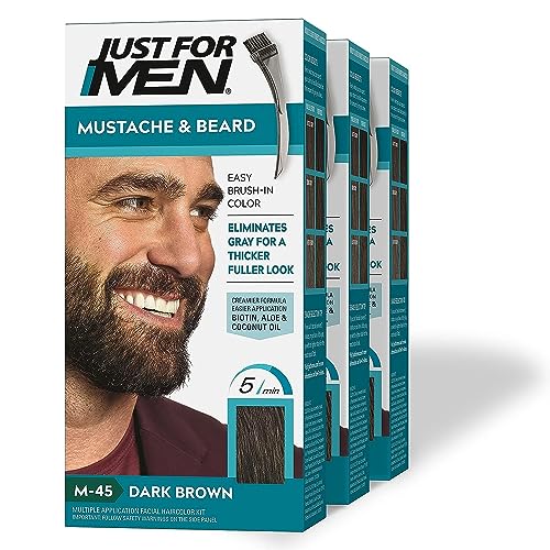 Just For Men Mustache & Beard, Beard Dye for Men with Brush Included for Easy Application, With Biotin Aloe and Coconut Oil for Healthy Facial Hair - Dark Brown, M-45, Pack of 1