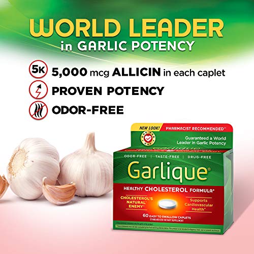 Garlique Garlic Extract Supplement, Healthy Cholesterol Formula, Odorless & Vegan, 60 Caplets