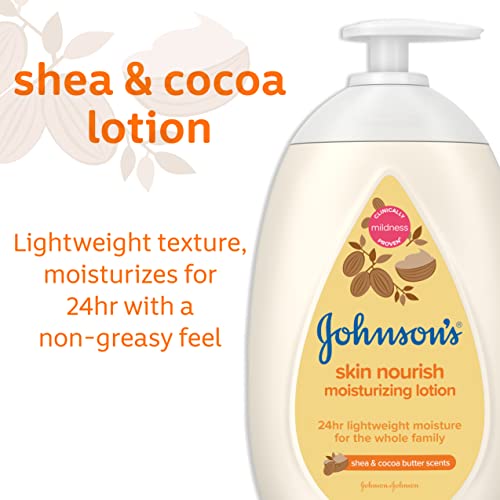 Johnsons Skin Nourish Moisturizing Baby Lotion for Dry Skin with Shea & Cocoa Butter Scents, Gentle & Lightweight Body Lotion for The Whole Family, Hypoallergenic, Dye-Free, 16.9 fl. oz