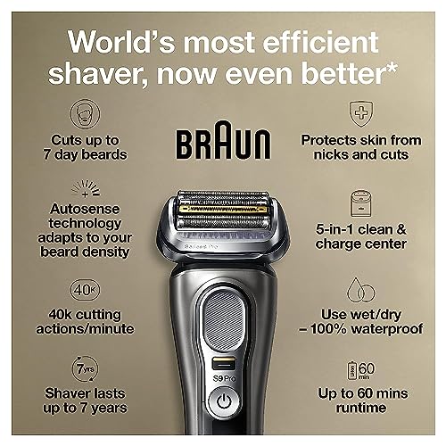 Braun Electric Razor for Men, Series 9 Pro 9465cc Wet & Dry Electric Foil Shaver with ProLift Beard Trimmer, Cleaning & Charging SmartCare Center, Noble Metal