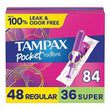 Tampax Pocket Radiant Compact Tampons Multi Pack, Regular/Super Absorbency with BPA-Free Plastic Applicator and LeakGuard Braid, Unscented, 28 Count x 3 Packs (84 count total)