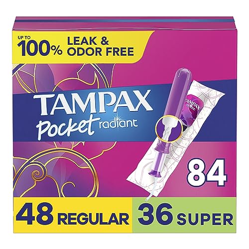 Tampax Pocket Radiant Compact Tampons Multi Pack, Regular/Super Absorbency with BPA-Free Plastic Applicator and LeakGuard Braid, Unscented, 28 Count x 3 Packs (84 count total)