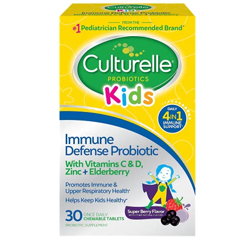 Culturelle Immune Defense Probiotic with Vitamin C, Vitamin D and Zinc + Elderberry, Non-GMO, 4-in-1 Immune Support for Kids Ages 3+, Mixed Berry Chewables, 30 Count