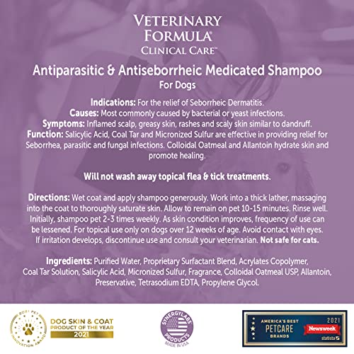 Veterinary Formula Clinical Care Antiparasitic & Antiseborrheic Medicated Dog Shampoo, 16 oz – Paraben, Dye, Soap Free – Hydrating and Antifungal Shampoo for Dogs, White