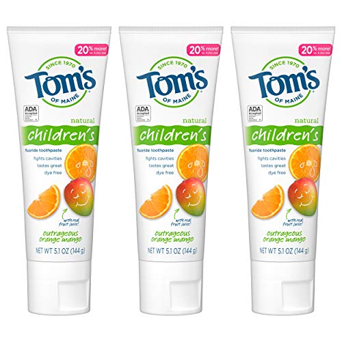 Toms of Maine ADA Approved Fluoride Childrens Toothpaste, Natural Toothpaste, Dye Free, No Artificial Preservatives, Outrageous Orange Mango, 5.1 oz. 3-Pack (Packaging May Vary)