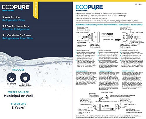 EcoPure EPINL30 5 Year in-Line Refrigerator Filter-Universal Includes Both 1/4 Compression and Push to Connect Fittings , White