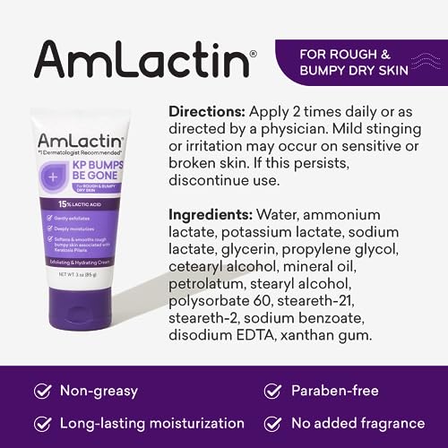 AmLactin KP Bumps Be Gone - 3 oz Keratosis Pilaris Moisturizing Cream with 15% Lactic Acid - Exfoliator and Moisturizer for Dry, Rough and Bumpy Skin (Packaging May Vary)