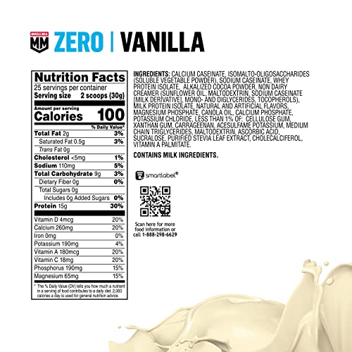 Muscle Milk ZERO, 100 Calorie Protein Powder, Vanilla, 15g Protein, 1.65 Pound, 25 Servings